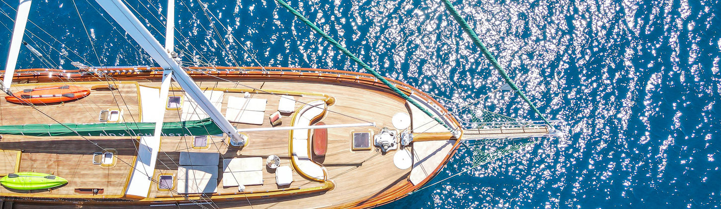 Lady Christa gulet aerial view cruising near Bodrum coastline