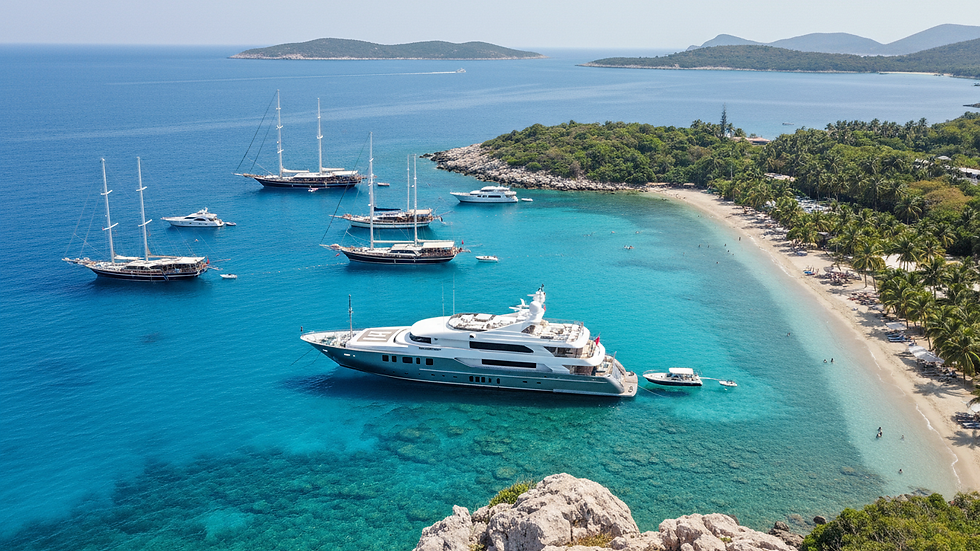High angle view of a luxury yacht anchored near a secluded beach with turquoise water