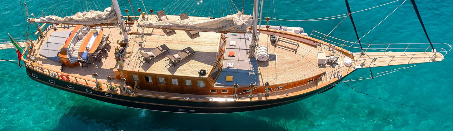 Myra gulet aerial view cruising in Greek Aegean waters