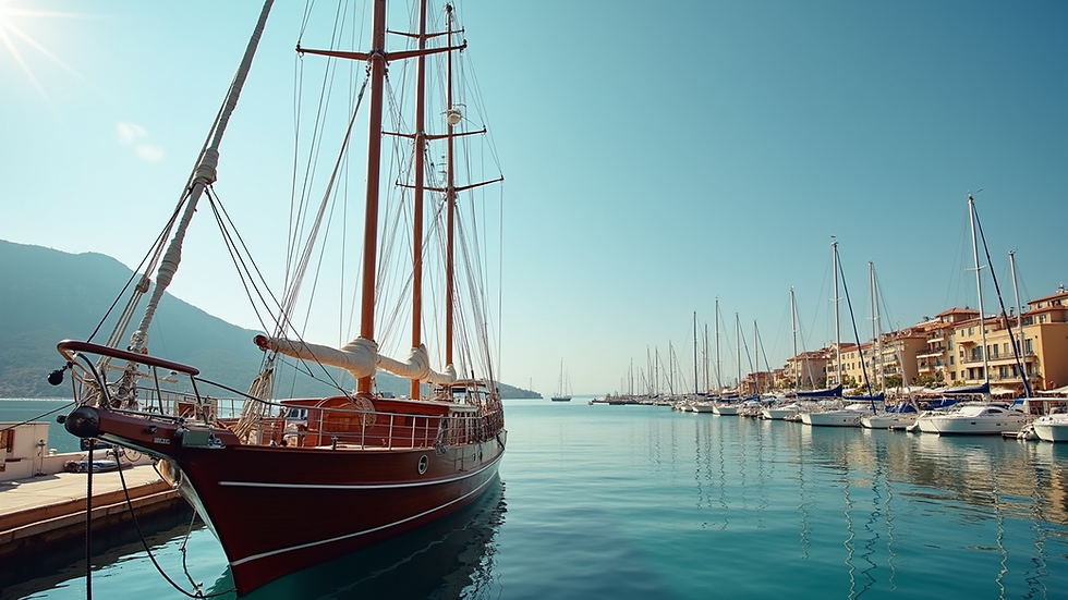Eye-level view of a traditional wooden gulet yacht docked at a marina