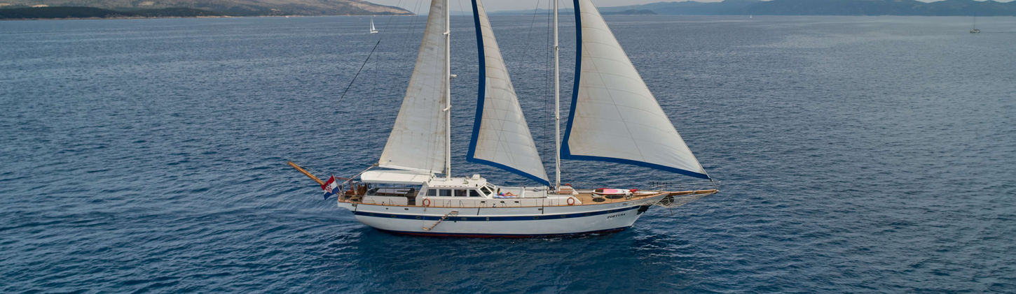 Fortuna gulet aerial view cruising near Croatian islands coastline