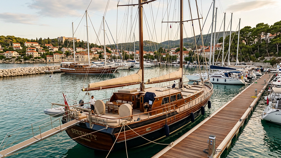 Eye-level view of a luxury gulet yacht docked at a serene marina