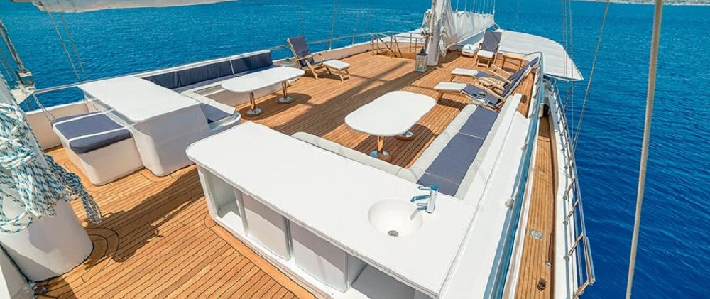 Bella Mare gulet fore-deck sun-loungers with panoramic sea view Turkey