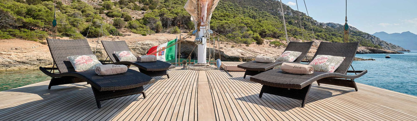 Myra gulet bow sun-beds with sea view and open sky