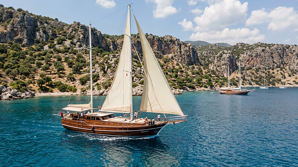 Eye-level view of a traditional wooden gulet sailing near a rocky Turkish coastline