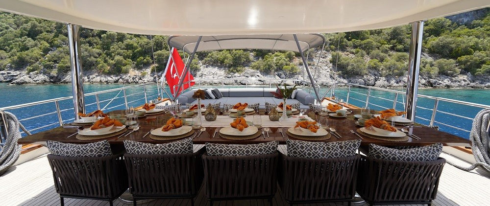 Queen of Makri gulet aft deck shaded al-fresco dining table on teak deck