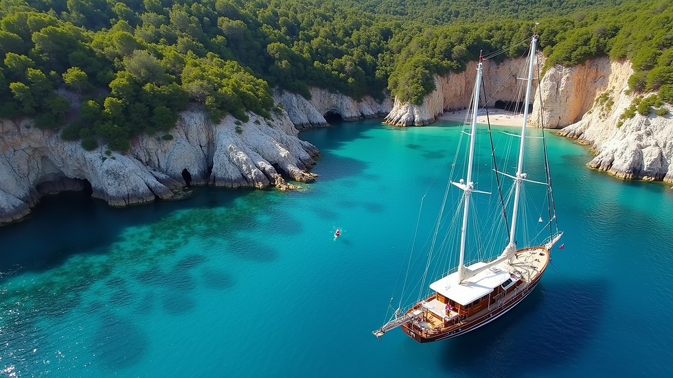 High angle view of a yacht sailing near a rocky coastline with turquoise water