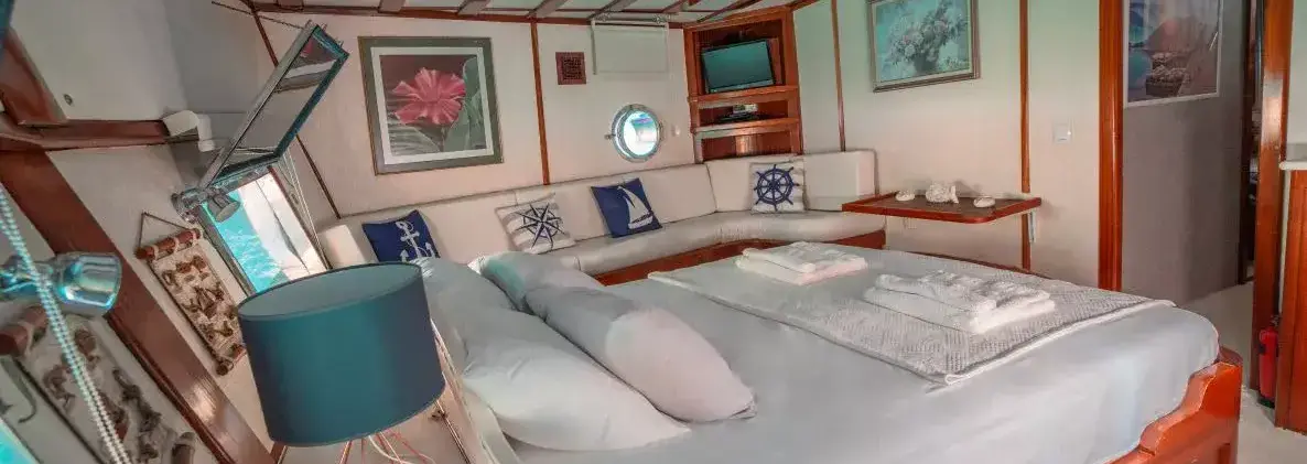 White Swan gulet master cabin king-size bed en-suite bathroom air-conditioned