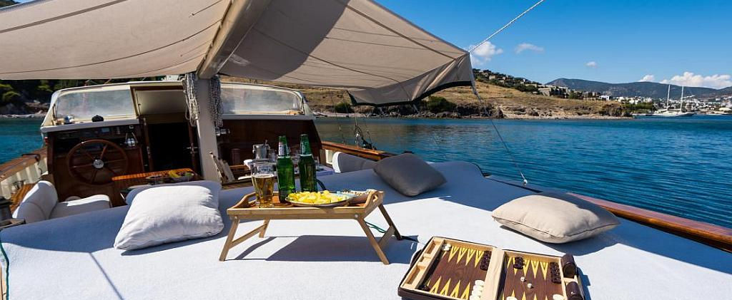 A Eser gulet foredeck sun-lounger area with panoramic sea view
