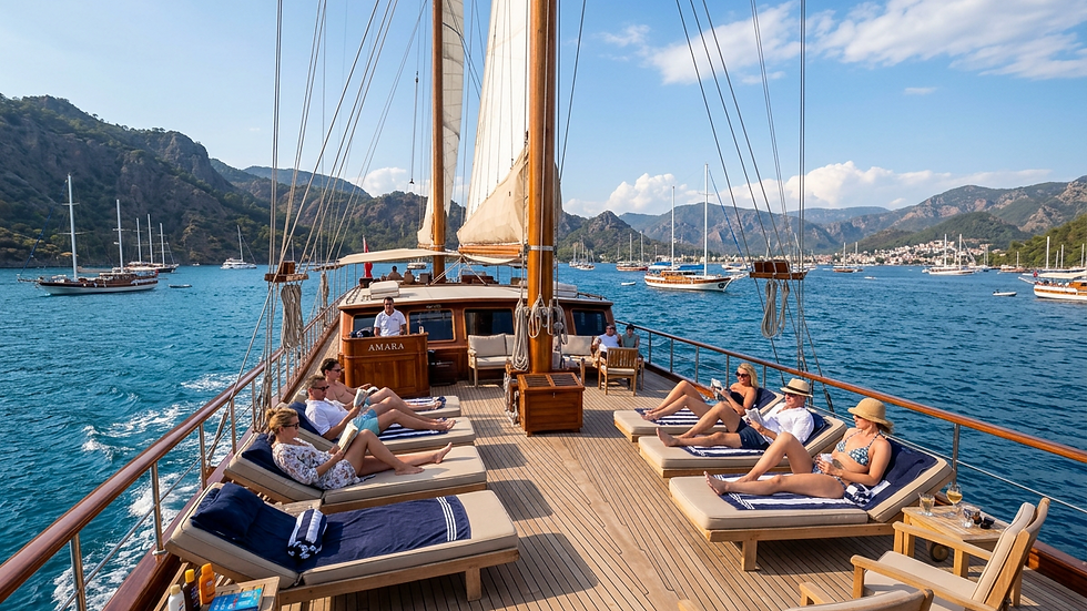 Wide angle view of a sun deck on a luxury gulet with loungers and sea view