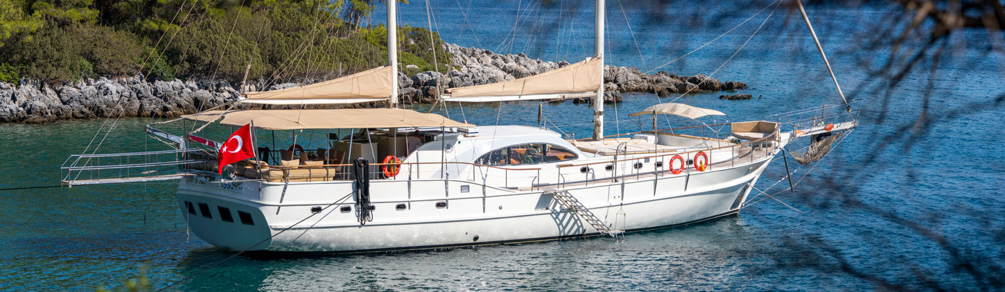 Queen of Sea gulet exterior side view sailing on turquoise waters