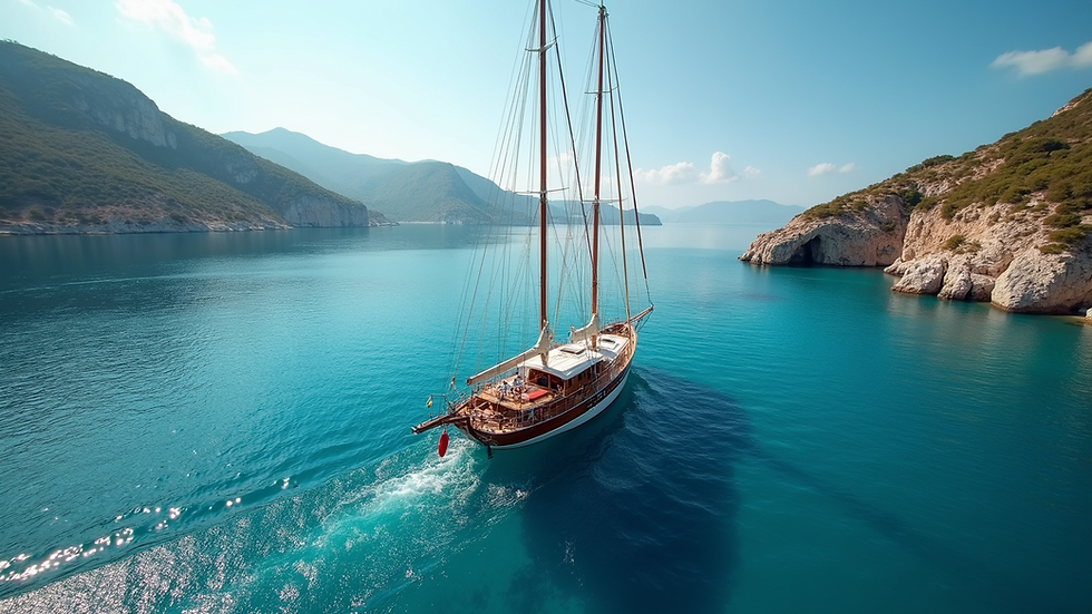 High angle view of a gulet sailing along the Turkish coastline with clear blue water