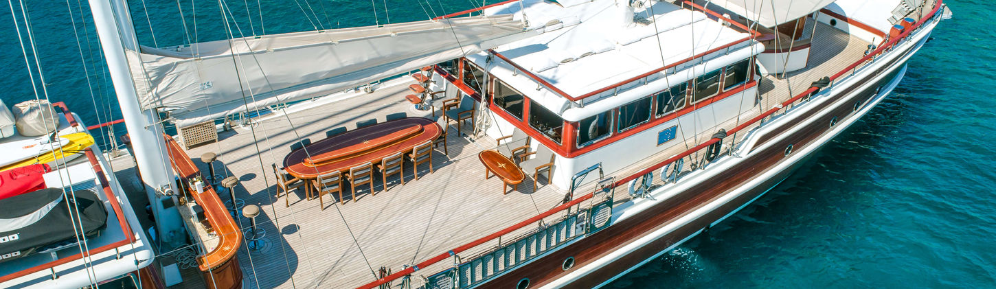 Kaptan Kadir gulet aerial view cruising near Bodrum coastline