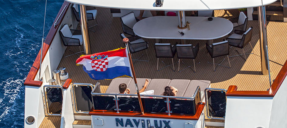 Foredeck Jacuzzi lounge and sun pads on luxury Gulet Navilux, Croatia