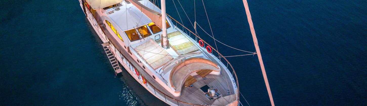 Queen of Sea gulet aerial view cruising near Bodrum coastline