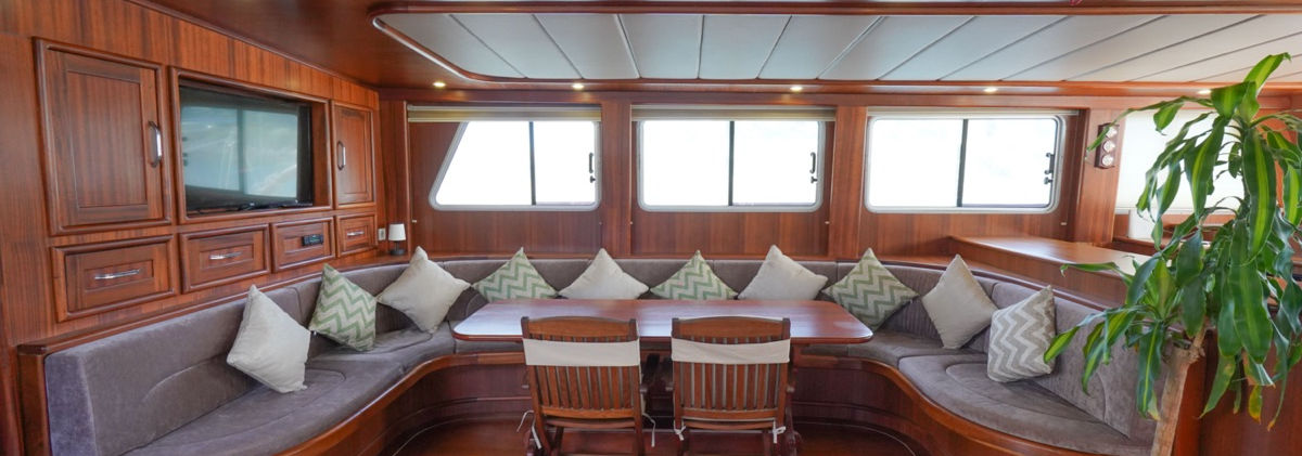 Prenses Esila gulet interior salon lounge mahogany wood finish TV and seating