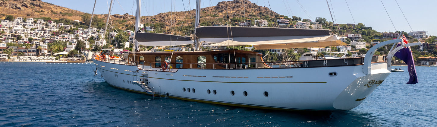 Zanziba gulet anchored near Croatian islands under clear sky
