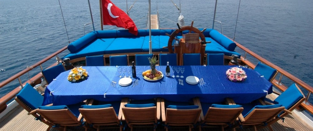 Sunworld 8 gulet aft-deck dining area shaded under canopy