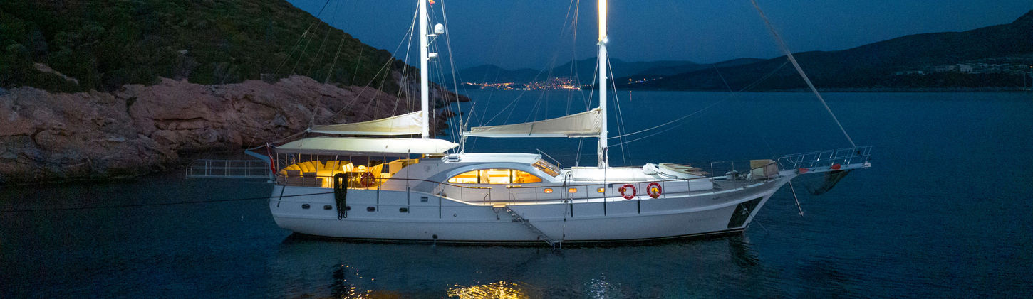 Queen of Sea gulet aerial view cruising near Bodrum coastline