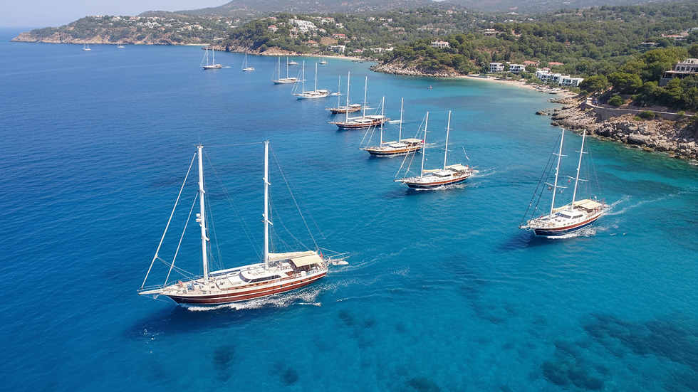 High angle view of yacht sailing on clear blue sea near coastline