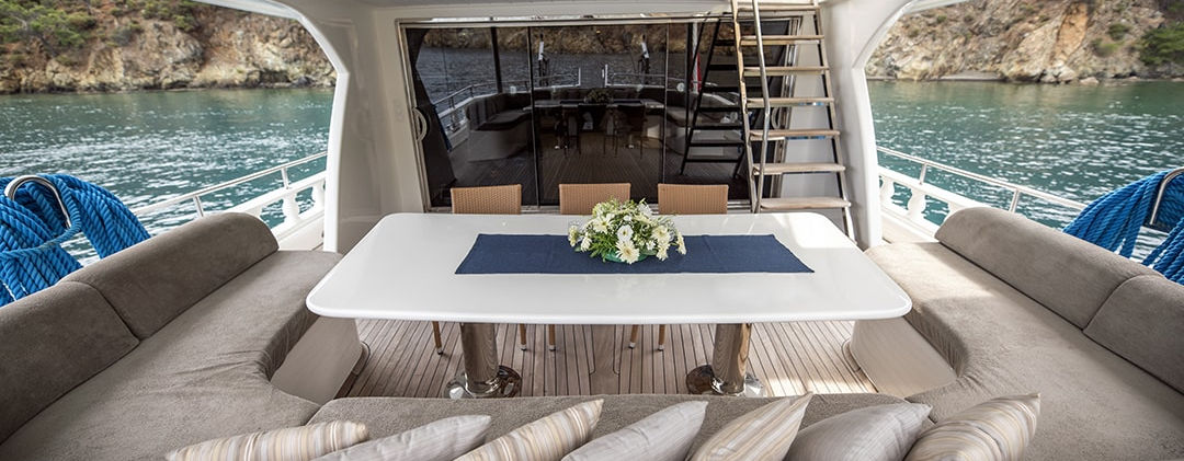 Kayhan 11 gulet aft deck dining area on teak deck under shade