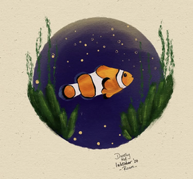 digital art of a clownfish, surrounded by seaweed
