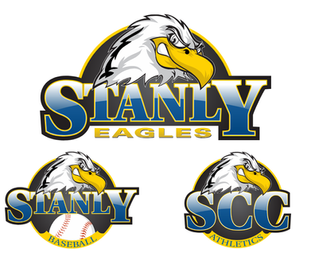 three different logos for Stanly Eagles showing the Stanly Eagles text, an eagles head, and subhead specifying the sport