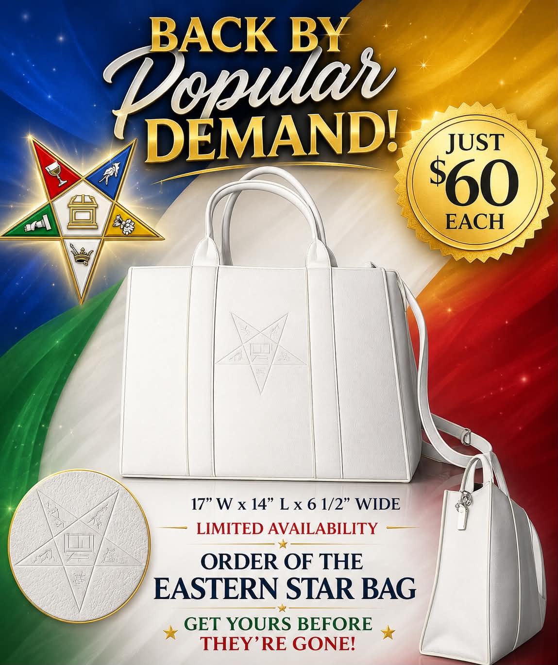 Large all-white OES tote bag with durable handles and spacious interior.