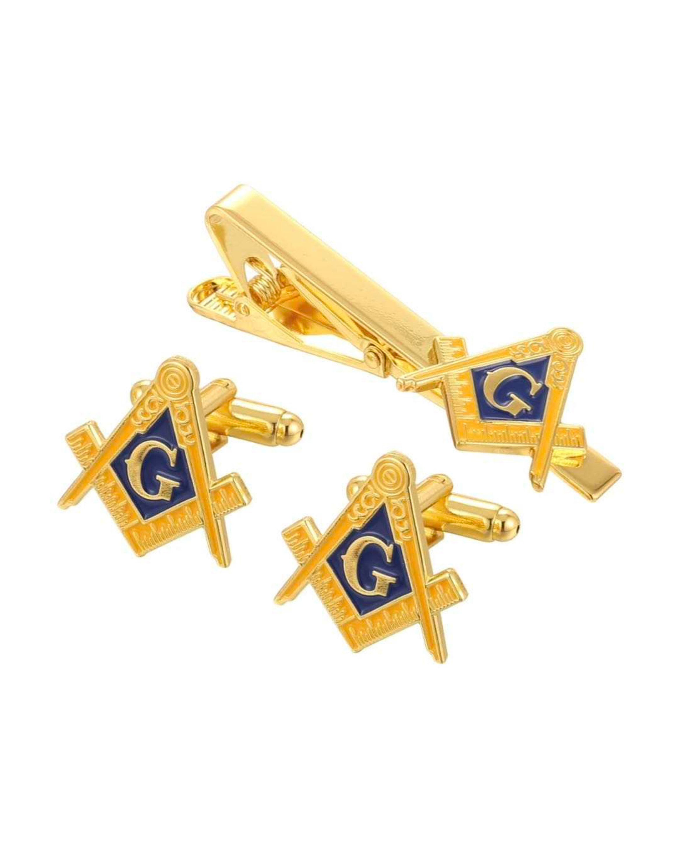 Gold-colored Masonic Compass cufflink and tie clip set with blue detailing.