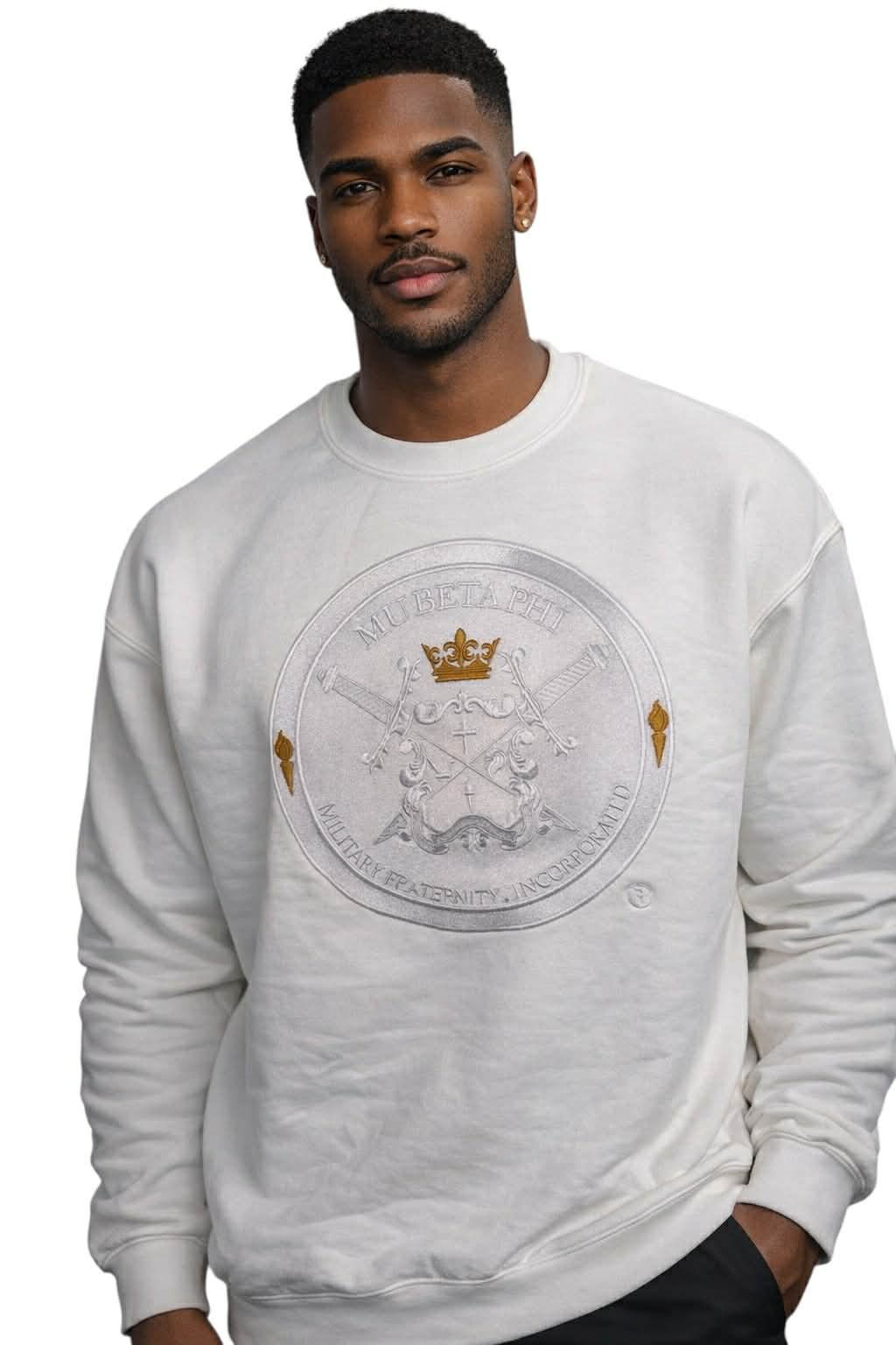 Crew neck sweatshirt featuring a 9-inch white and gold Mu Beta Phi crest logo