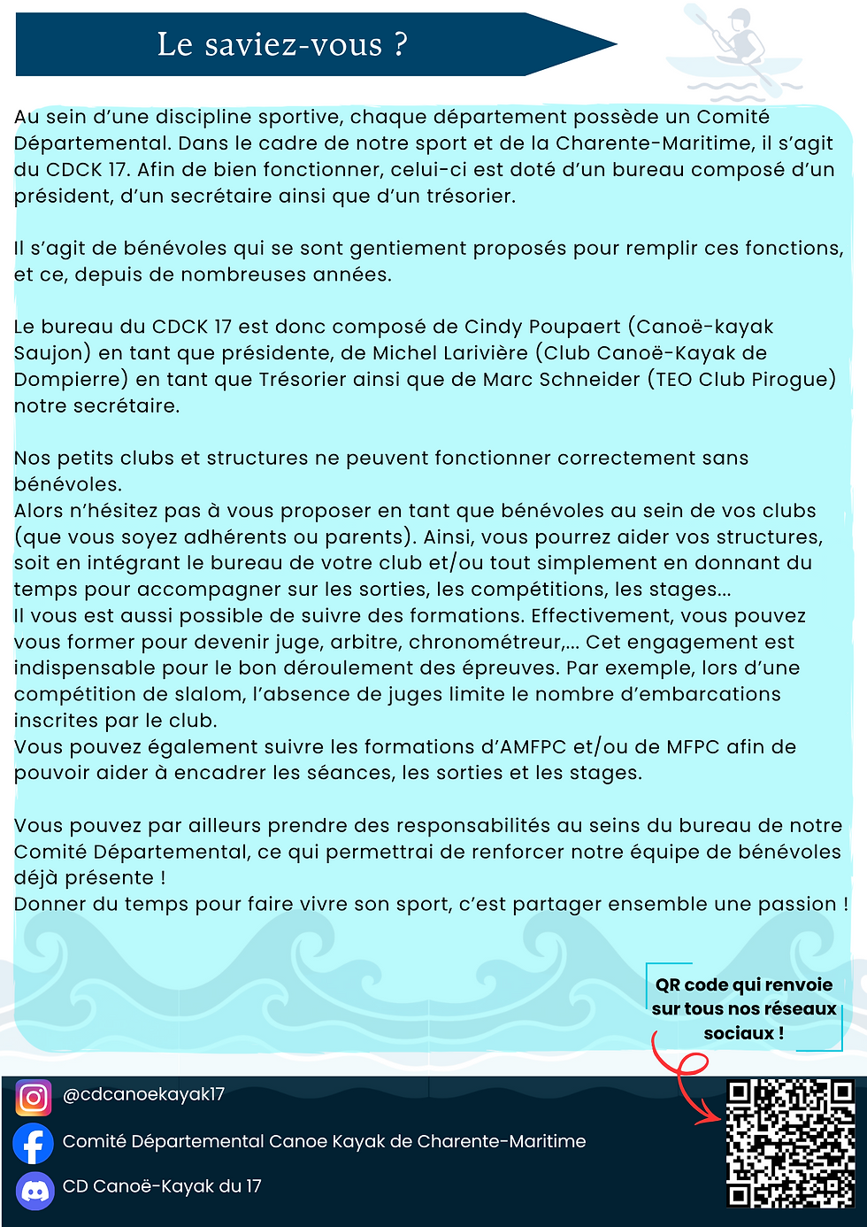 Le saviez-vous ?
Au sein d’une discipline sportive, chaque département possède un Comité Départemental. Dans le cadre de notre sport et de la Charente-Maritime, il s’agit du CDCK 17. Afin de bien fonctionner, celui-ci est doté d’un bureau composé d’un président, d’un secrétaire ainsi que d’un trésorier.
Il s’agit de bénévoles qui se sont gentiment proposés pour remplir ces fonctions, et ce, depuis de nombreuses années.
Le bureau du CDCK 17 est donc composé de Cindy Poupaert (Canoë-kayak Saujon) en tant que présidente, de Michel Larivière (Club Canoë-Kayak de Dompierre) en tant que Trésorier ainsi que de Marc Schneider (TEO Club Pirougue) notre secrétaire.
Nos petits clubs et structures ne peuvent fonctionner correctement sans bénévoles.
Alors n’hésitez pas à vous proposer en tant que bénévoles au sein de vos clubs (que vous soyez adhérents ou parents). Ainsi, vous pourrez aider vos structures, soit en intégrant le bureau de votre club et/ou tout simplement en donnant du temps pour accompagner sur les sorties, les compétitions, les stages...
Il vous est aussi possible de suivre des formations. Effectivement, vous pourrez vous former pour devenir juge, arbitre, chronométreur,... Cet engagement est indispensable pour le bon déroulement des épreuves. Par exemple, lors d’une compétition de slalom, l’absence de juges limite le nombre d’embarcations inscrites par le club.
Vous pouvez également suivre les formations d’AMFPC et/ou de MFPC afin de pouvoir aider à encadrer les séances, les sorties et les stages.
Vous pouvez par ailleurs prendre des responsabilités au sein du bureau de notre Comité Départemental, ce qui permettrait de renforcer notre équipe de bénévoles déjà présente !
Donner du temps pour faire vivre son sport, c’est partager ensemble une passion !
