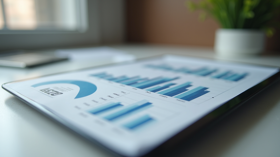 Close-up view of a tablet showing financial graphs and tax forms