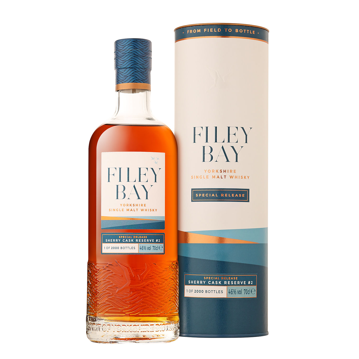 Filey Bay Sherry Cask Reserve Bottle next to the Tube on a white background