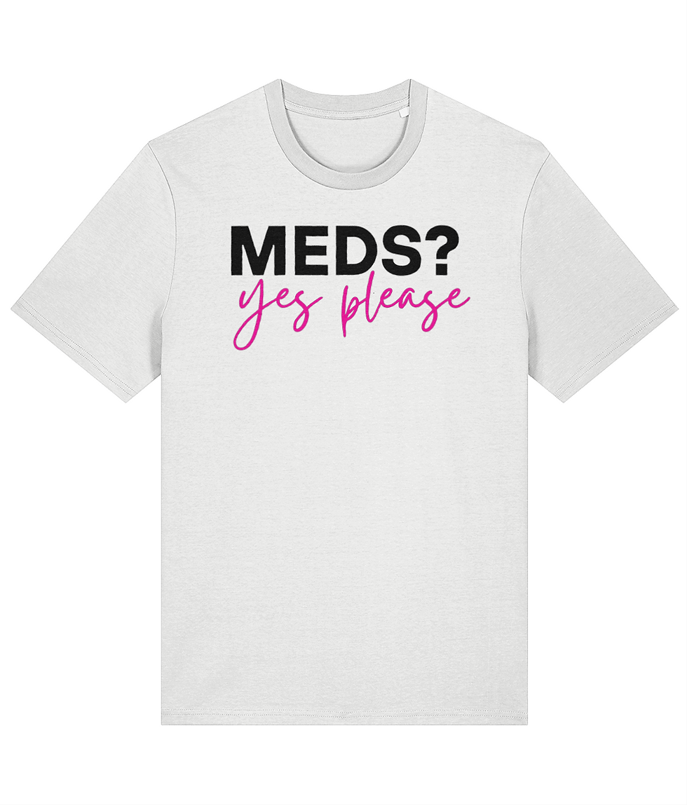 mockup with white background-product is a white tee by ChaLuMu which says 'MEDS? yes please in black and pink text