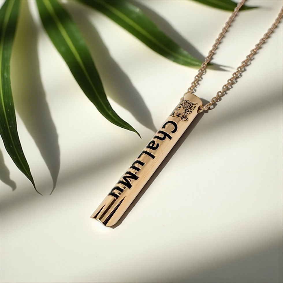 14k Rose-gold plated, grounding Chalumu necklace, with our signature black brand logo and black leopard head, white backgroun