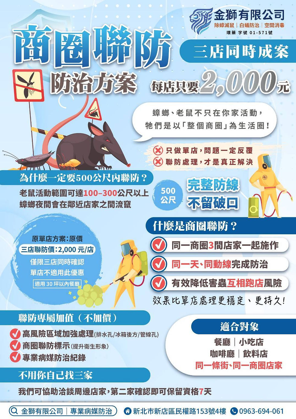 金獅除蟲商圈聯合防治方案,三間店同時立案每店只要2000元,省下25%!降低害蟲流竄的機率,因老鼠活動範圍可達100~300公尺以上,蟑螂夜間會在鄰近店家之間流竄......