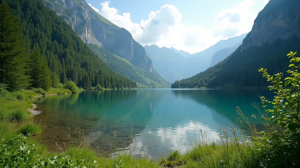 Eye-level view of lush mountains and clear lake in a trail