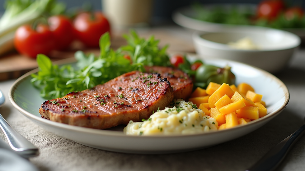 Eye-level view of a healthy meal plate with kidney-friendly foods