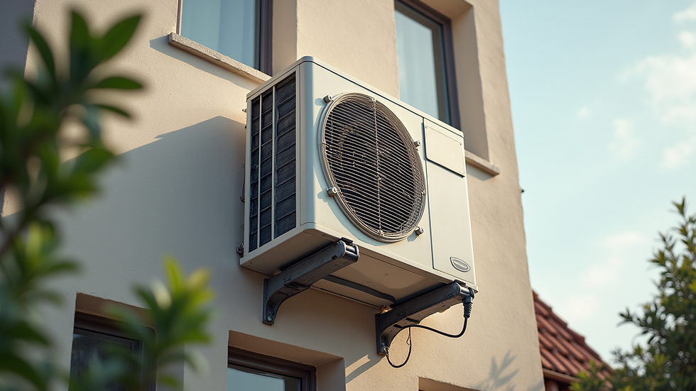 Eye-level view of air conditioning unit mounted on a residential wall