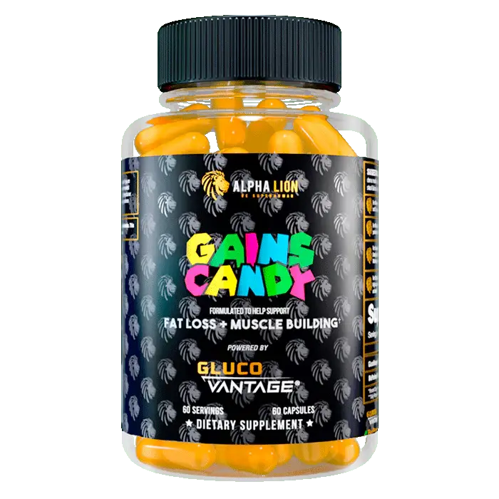 Bottle of yellow capsules labeled "Alpha Lion Gains Candy." Text promotes fat loss and muscle building. Black label with colorful lettering.