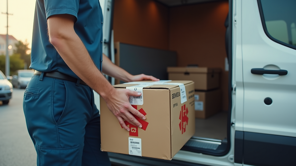 Eye-level view of a medical courier loading packages into a delivery vehicle