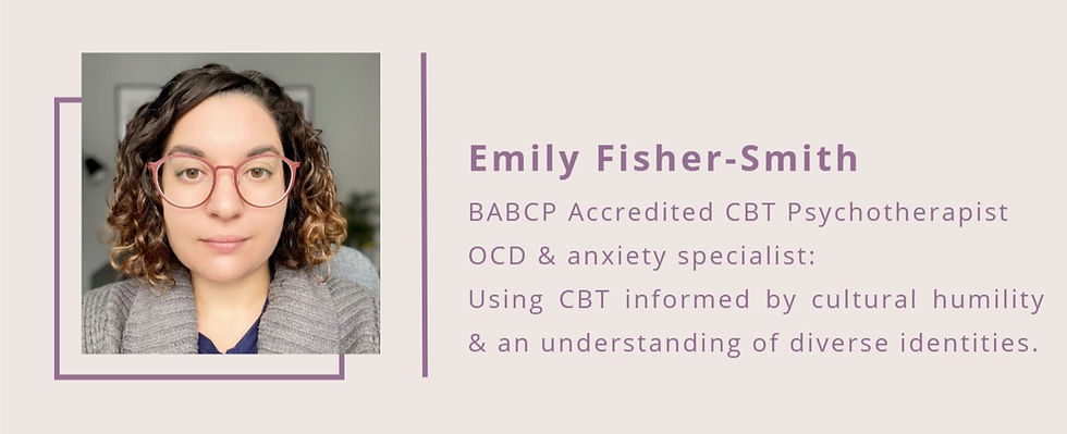 A photograph of Emily Fisher-Smith, a BABCP Accredited CBT Psychotherapist, specialising in OCD and Anxiety