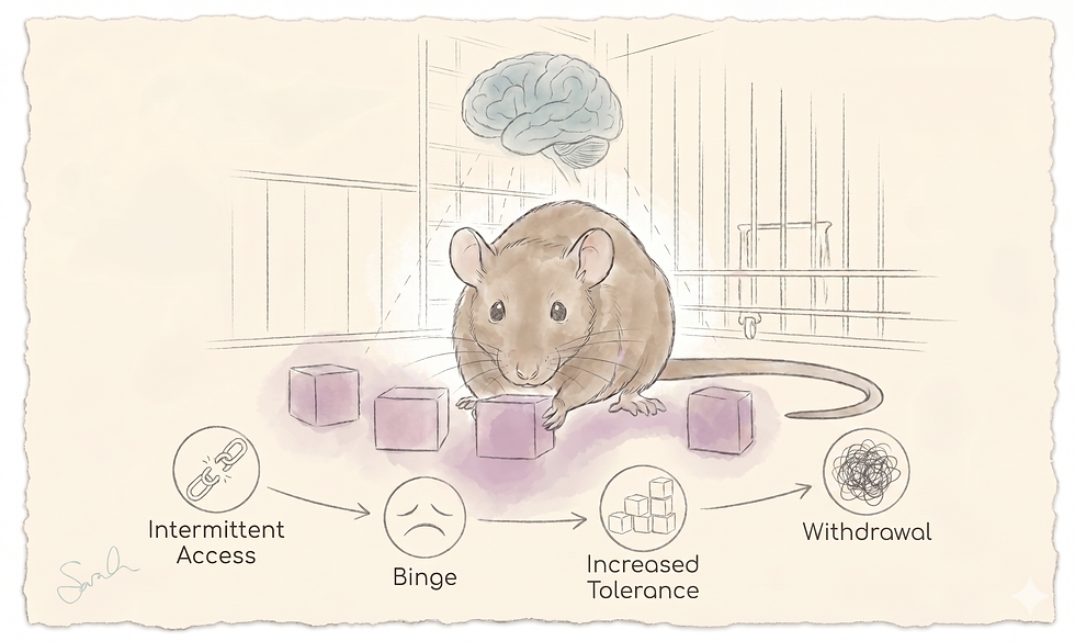 A clinical watercolor sketch illustrating the four stages of food addiction in a rat study: Intermittent Access, Binge, Increased Tolerance, and Withdrawal.