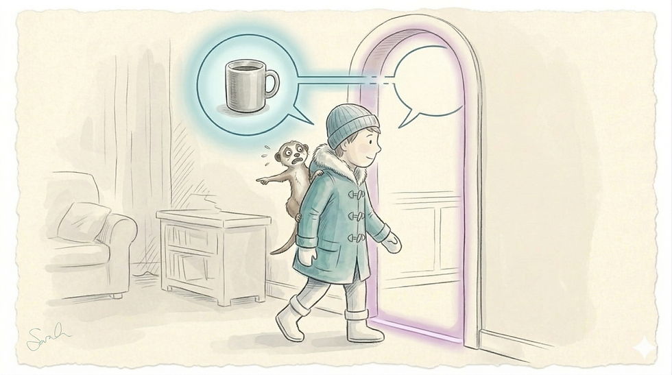A watercolor illustration of a person in a blue duffel coat and beanie walking through a glowing lavender doorway. A thought bubble behind them shows a coffee mug, while an empty bubble sits ahead of them. A small meerkat on their shoulder points back toward the previous room in confusion.