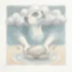A hand-drawn pencil sketch showing an anxious meerkat surrounded by storm clouds at the top, with arrows pointing down to a pair of hands holding a solid grounding stone on a calm surface.