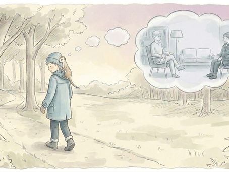 A hand-drawn watercolor illustration of a person in a blue coat walking through a pencil-sketch forest with a meerkat on their shoulder, thinking of a soft memory of a therapy session.