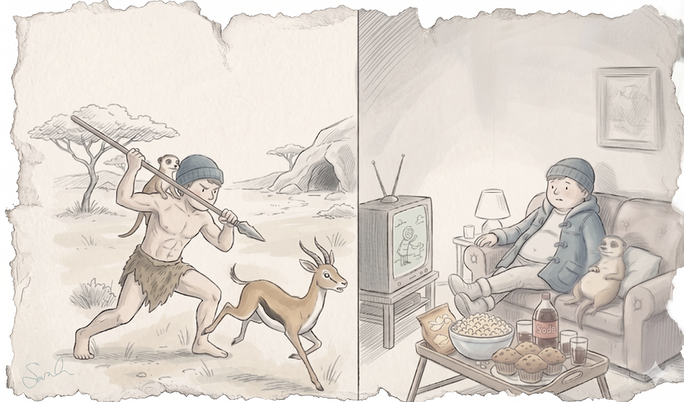 A split-photograph comparison of an ancient hunter-gatherer and a modern individual in a contemporary setting. On the left, a hunter in animal skin clothing is tracking an animal with a spear in a natural environment with wild plants, rocks, and a sense of scarcity. On the right, a modern individual is in a comfortable setting, ordering food via a smartphone app. A table near the person contains a small selection of ultra-processed foods like chips, soda, and fast food packages. The modern scene conveys ease and abundance, with the person relaxed and surrounded by high-calorie snacks.