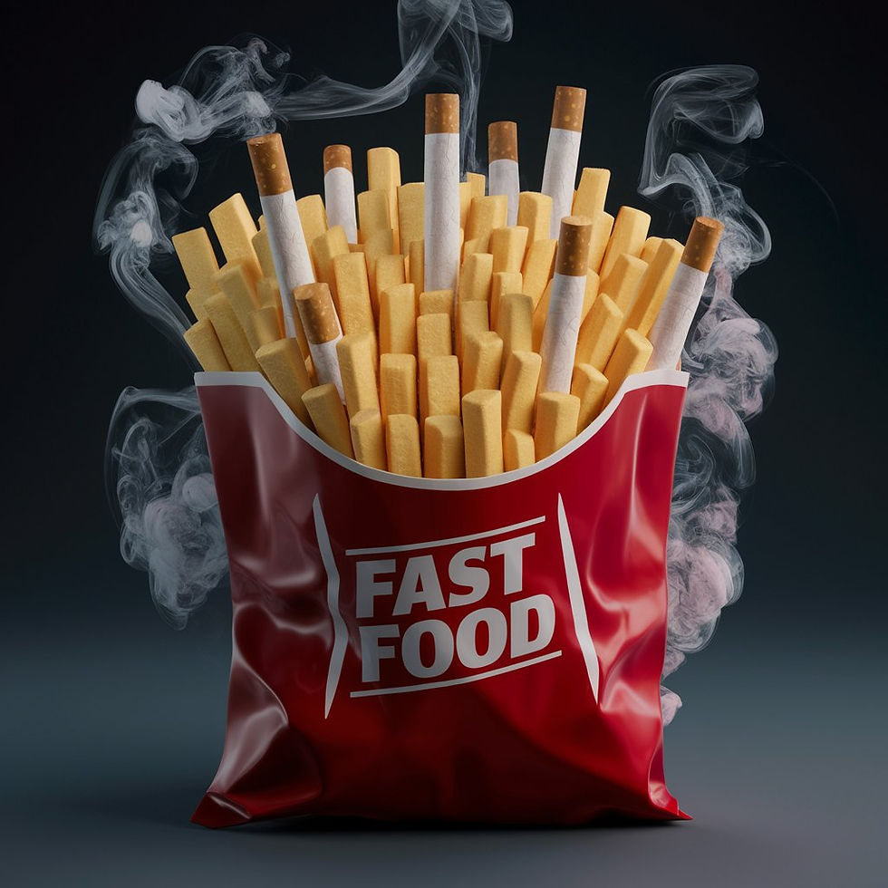 A packet of french fries where some of the fries are cigarettes. Smoke swirls around the packet.
