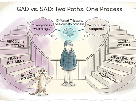 A clinical watercolor illustration comparing Generalized Anxiety Disorder (GAD) and Social Anxiety Disorder (SAD). Two spiral staircases lead to a central landing where a figure in a blue coat stands. On the left, a meerkat points toward social triggers like 'Fear of Judgment'; on the right, the path leads to 'Global Worries'. A glowing brain icon at the center connects these thoughts with the text: 'Different Triggers, one anxiety process.'