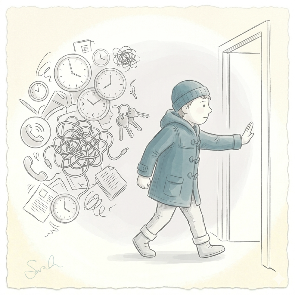 A 1:1 square watercolor illustration of the protagonist in a blue duffel coat and beanie walking through a simple graphite doorway. They are physically pushing away a chaotic cluster of graphite-sketched clocks, keys, and scribbles, leaving a clean, calm space behind them shaded with a soft mushroom grey wash.